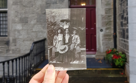 A photo of the Anderson family outside the Quadrangle