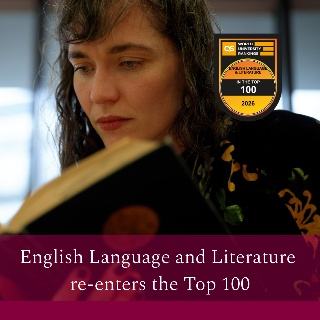 A girl with long hair is reading a book. The black and orange QS Ranking badge appears over her left shoulder