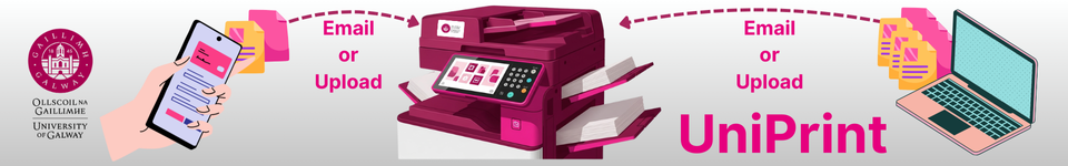 A visual depicting a phone and laptop printing to a maroon printer