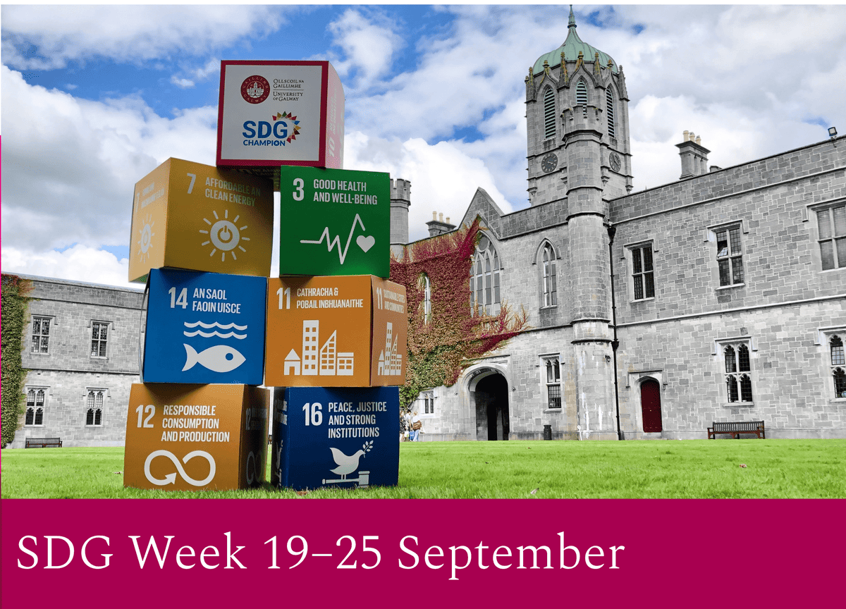 University of Galway SDG-themed cubes stacked on College Quadrangle lawn, with Quadrangle building