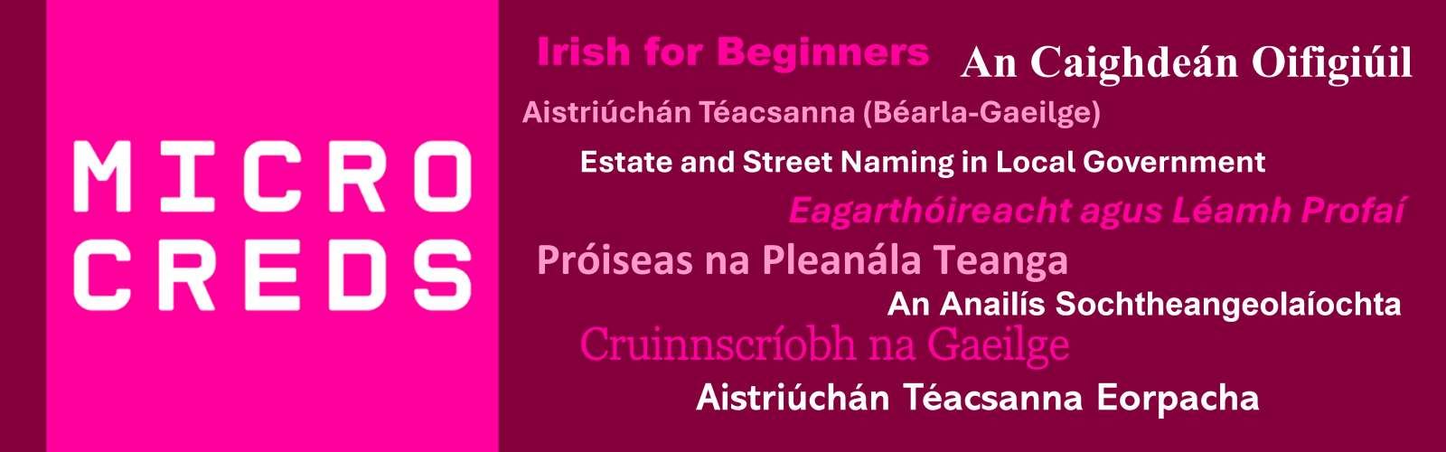 Banner image with list of Irish language MicroCreds