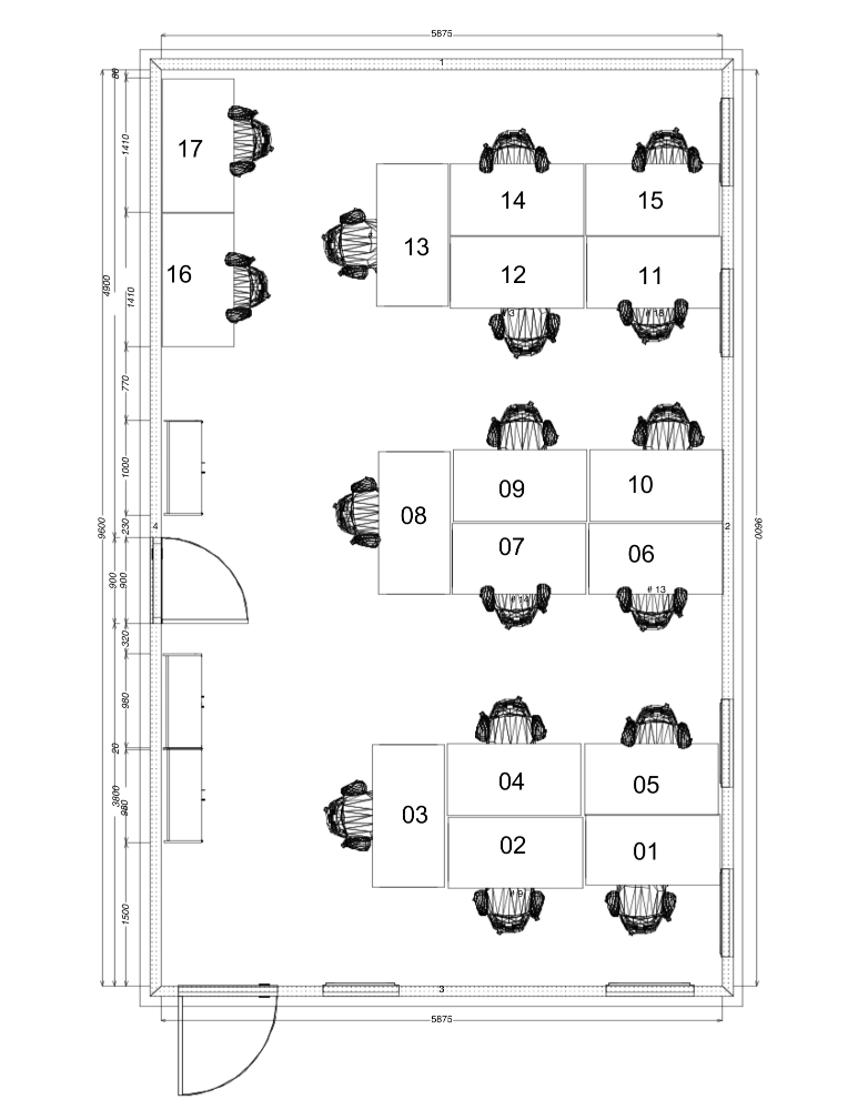 Floor plan of The Desk Hub showing 17 numbered desks arranged in clusters and along walls, with chairs and entry doors marked for orientation.