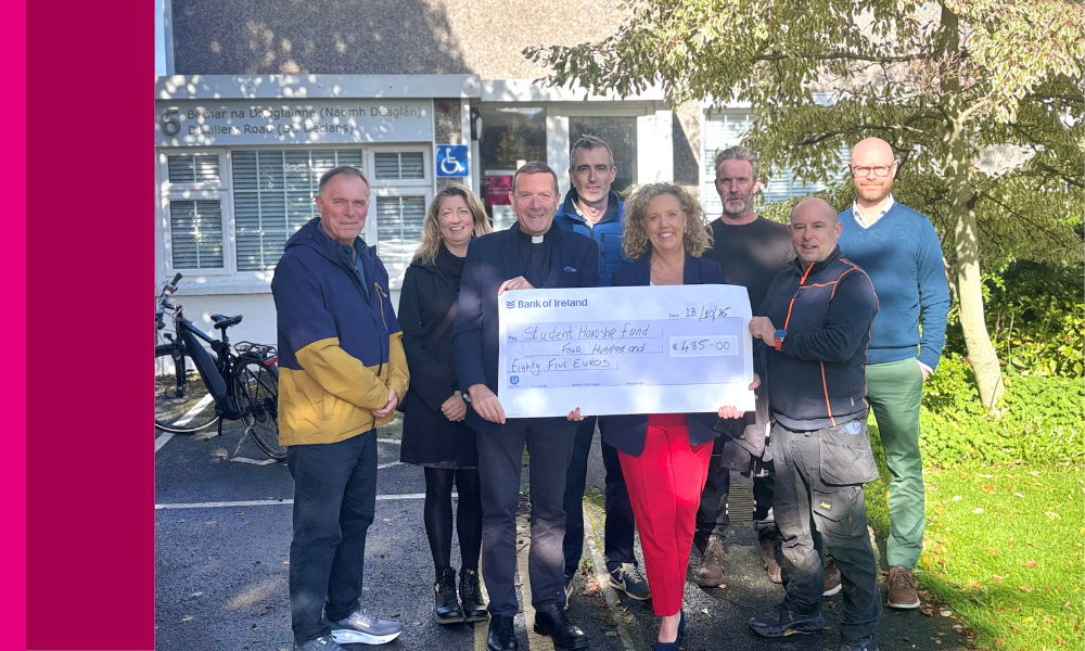 0000image shows Buildings & Estates Wellbeing team presenting cheque for €485 to representatives from the Student Hardship Fund