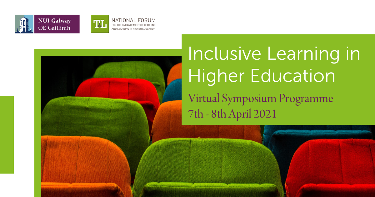 The marketing image for the symposium includes the NUIG and National Forum logos with a photo of empty, colourful chairs in a lecture hall