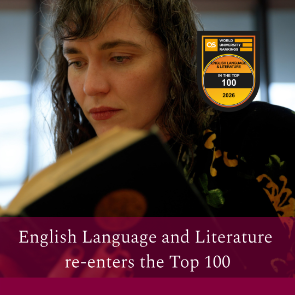 A girl with long hair is reading a book. The black and orange QS Ranking badge appears over her left shoulder