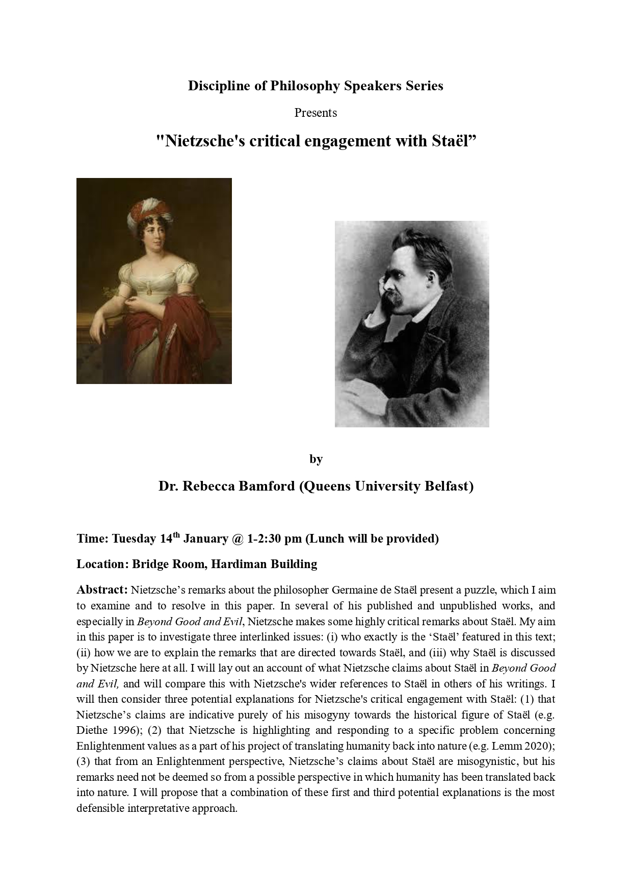 Promotional poster of "Nietzsche's critical engagement with Sta&euml;l&rdquo; guest lecture by Rebecca Bamford