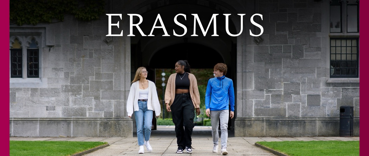 students walking trough quad entrance with title written over them