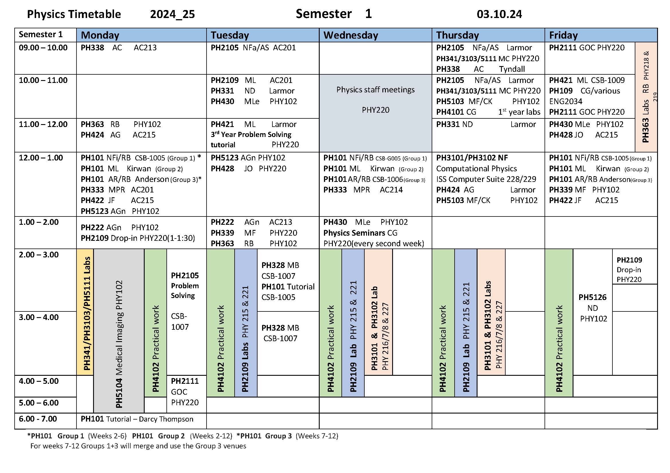 Physics 24-25 SEMESTER 1 timetable 03.10.24