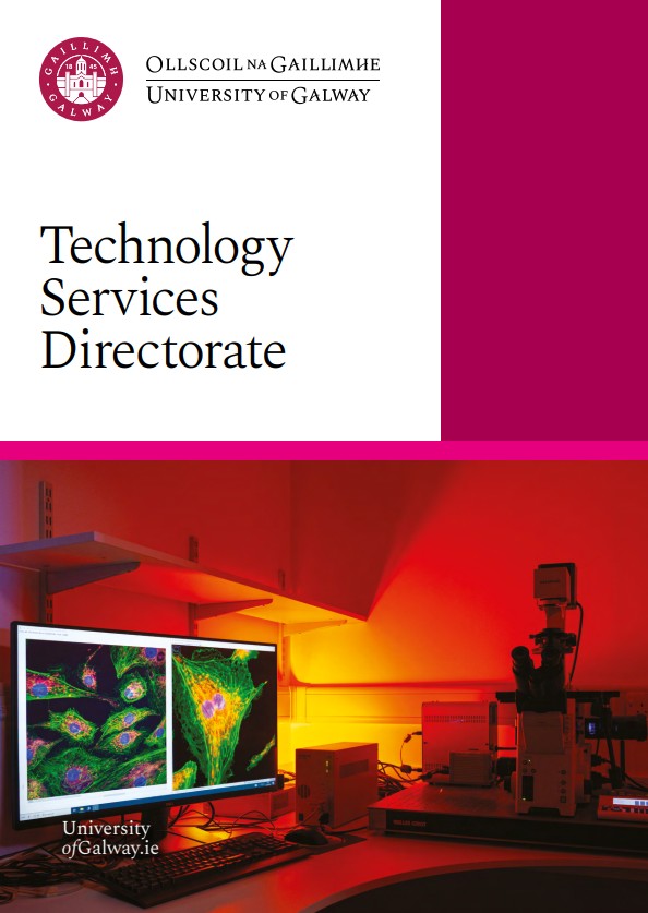 A front page of a brochure with the Technology Services Directorate written in big text above a microscope with images of a cell in red and green colours