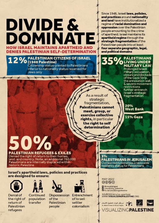 Infographic titled “Divide & Dominate: How Israel Maintains Apartheid and Denies Palestinian Self-Determination” by Visualizing Palestine, showing the fragmentation of Palestinians under different legal and political regimes since 1948.