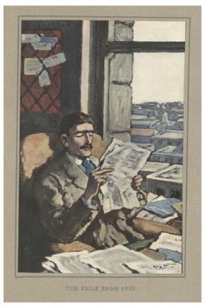 Painting of a man reading a newspaper. Caption reads, The exile from Erin