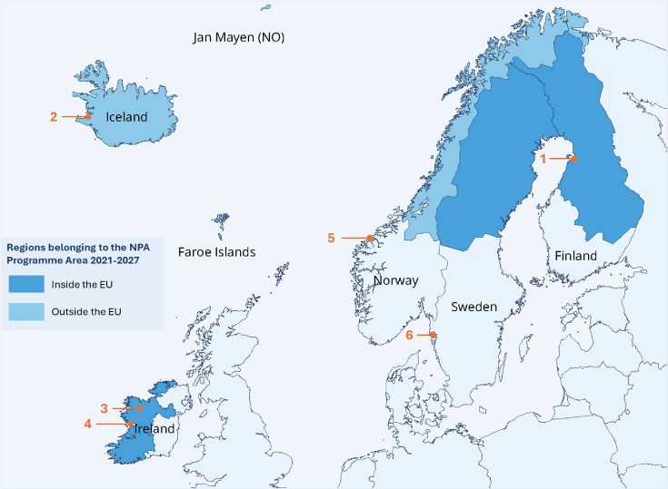 Map of the NPA area of the countries participating in the CIRCNETS project and their respective organisations. 1) University of Oulu (Finland); 2) Marine Ecological Solutions-MarEco (Iceland); 3) Western Development commission-WDC (Ireland); 4) University of Galway (Ireland); 5) Norwegian University of Science and Technology-NTNU (Norway); 6) Municipality of Sotenäs-SYMBIOS (Sweden).