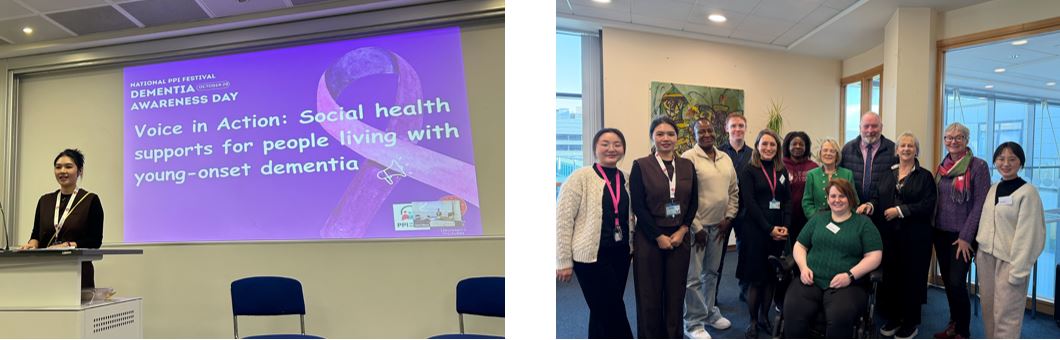 Two photos, One of Ziyue Wang presenting her research, one of the attendees of the event.