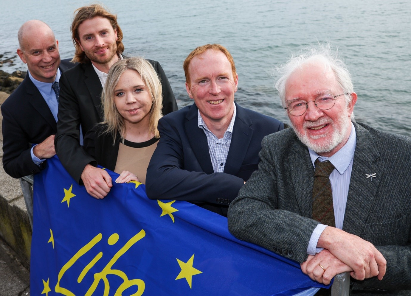 Pictured are Prof Tasman Crowe of UCD, Dr David Whyte of UCC, Joanne Kenny of Marine Environment, Department of Housing, Local Government and Heritage, Prof Stephen Hynes of University of Galway and Minister Malcolm Noonan TD, in Dun Laoghaire, Dublin for the launch of the EU MPA Life Project.