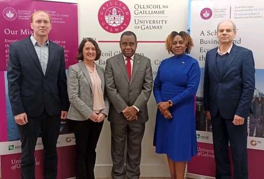 In the photo: Professor Stephen Hynes, Director of SEMRU; Dr Emer Curtis, Associate Head for Internationalisation; H.E. Ambassador Cleviston Haynes; First Secretary Natasha Mayers; and Professor Jonathan Levie, Co-Director of CEGS.