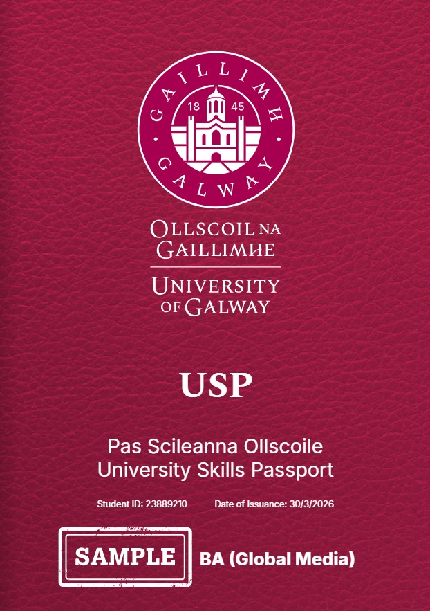 An image of the front page of a USP document with University of Galway logo, students name and ID number on it with USP in large print, and BA Global Media on it. colour is maroon