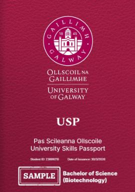 An image of the front page of a USP document with University of Galway logo, students name and ID number on it with USP in large print and Bachelor of Science Biotechnology. colour is maroon