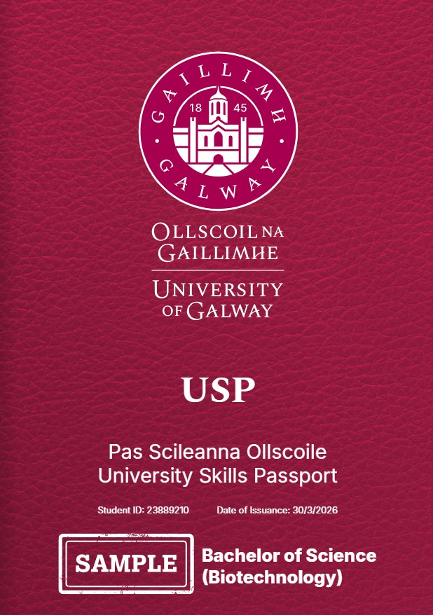 An image of the front page of a USP document with University of Galway logo, students name and ID number on it with USP in large print and Bachelor of Science Biotechnology. colour is maroon