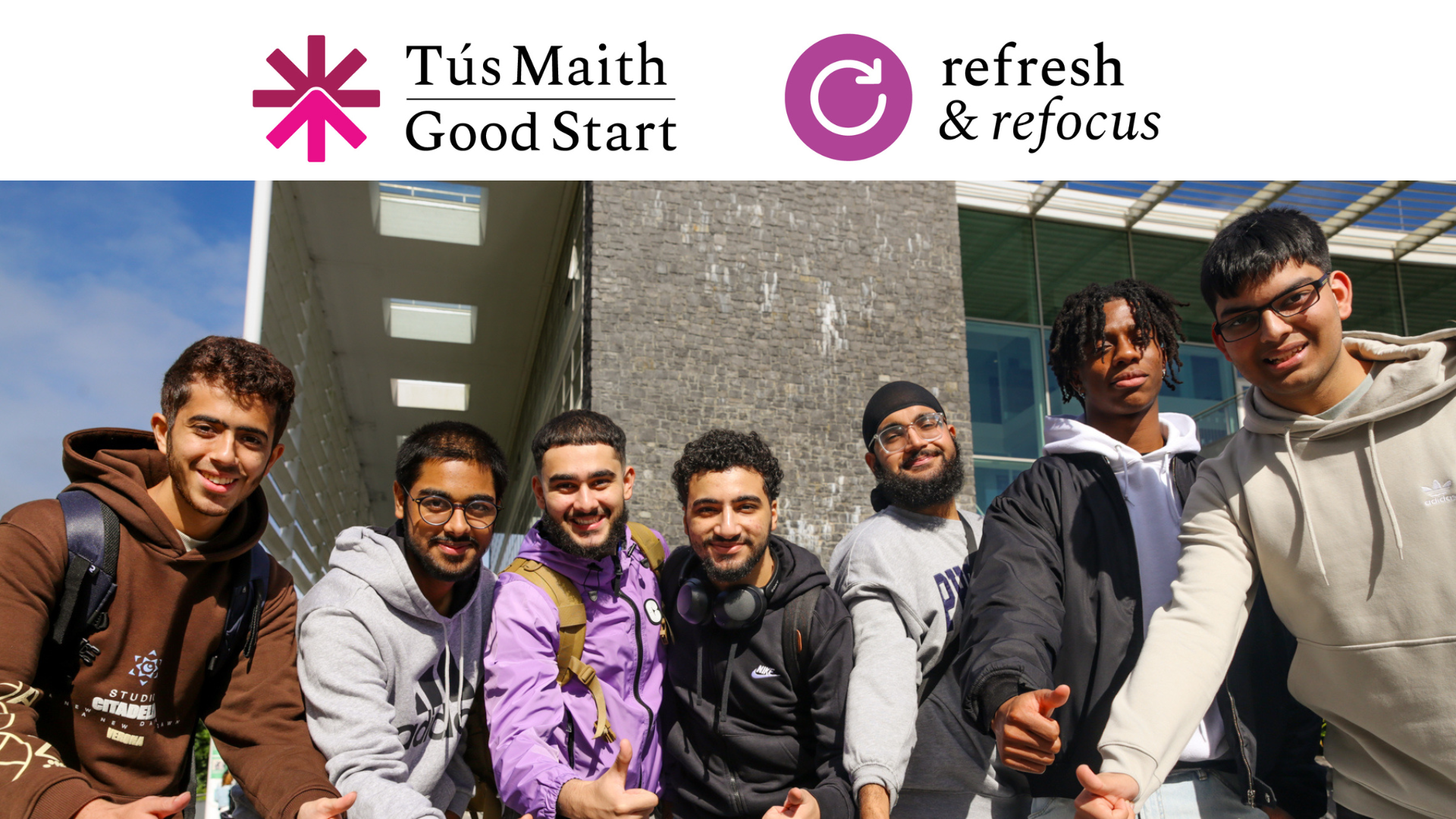 Refresh and Refocus icons and a photo of a group of male first year students on campus