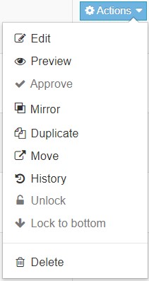 The actions button for content types, and all the options that appear when you click it