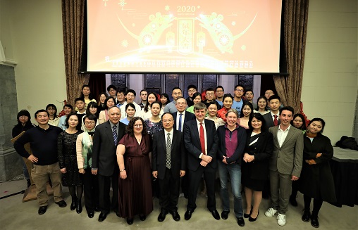 Confucius Institute personnel with He Huang, Counsellor of the Chinese Embassy in Ireland, and other guests at the Spring Festival Gala.