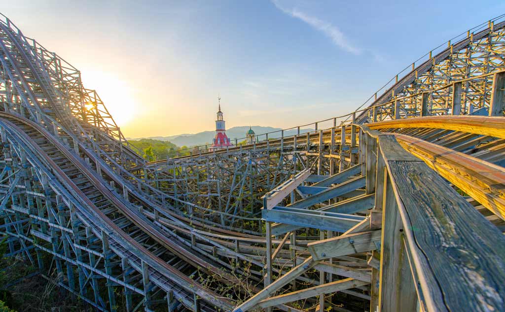 Background close-up of a ruined rollercoaster